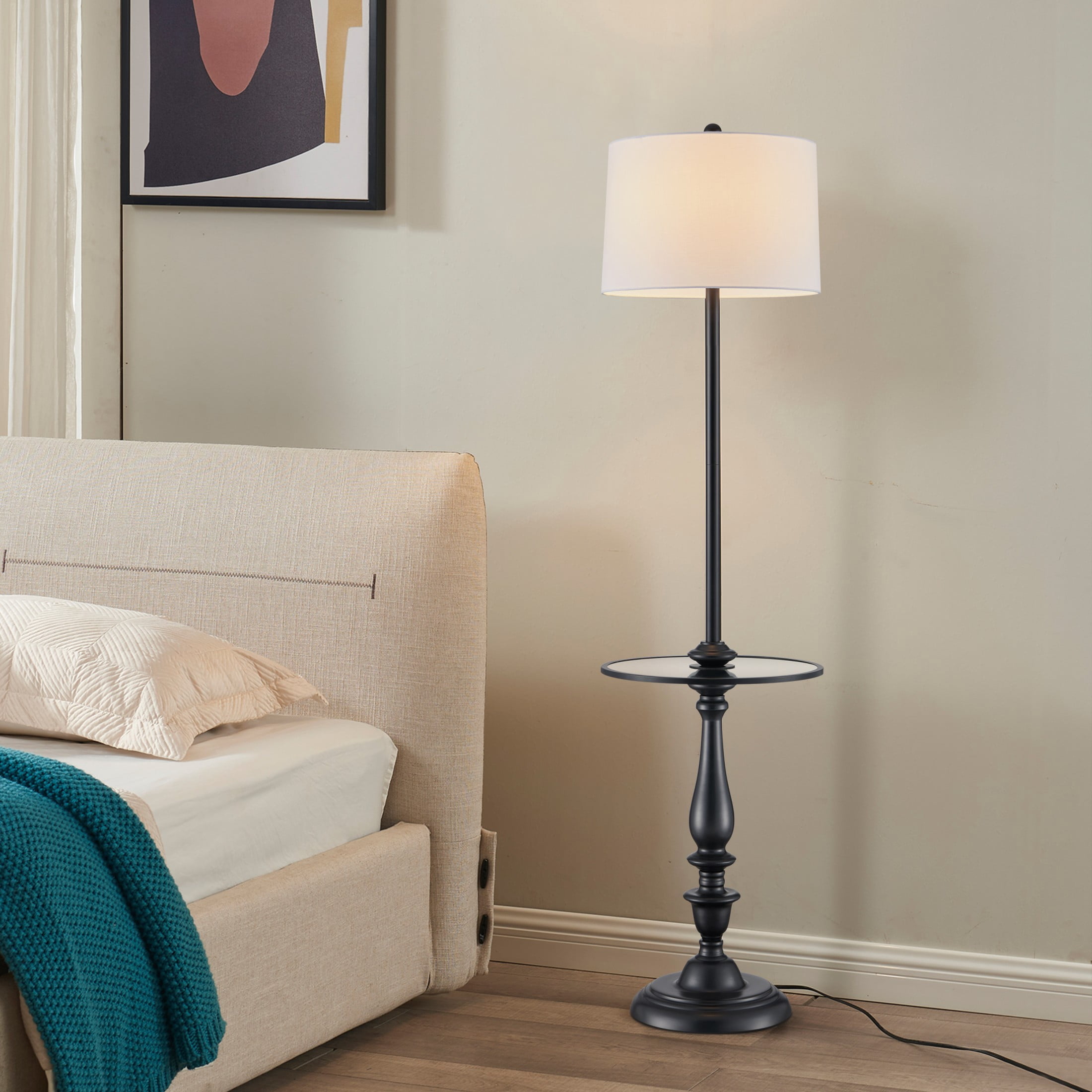 KAWOTI 61.25'' Black Floor Lamp with Table and Drum Shade for Living Room