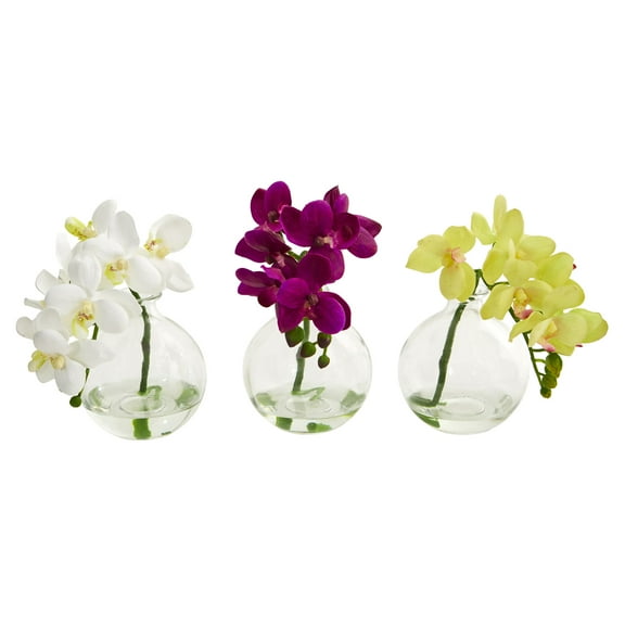 Nearly Natural 9" Phalaenopsis Orchid Artificial Flower Arrangement in Vase, Set of 3, Multicolor