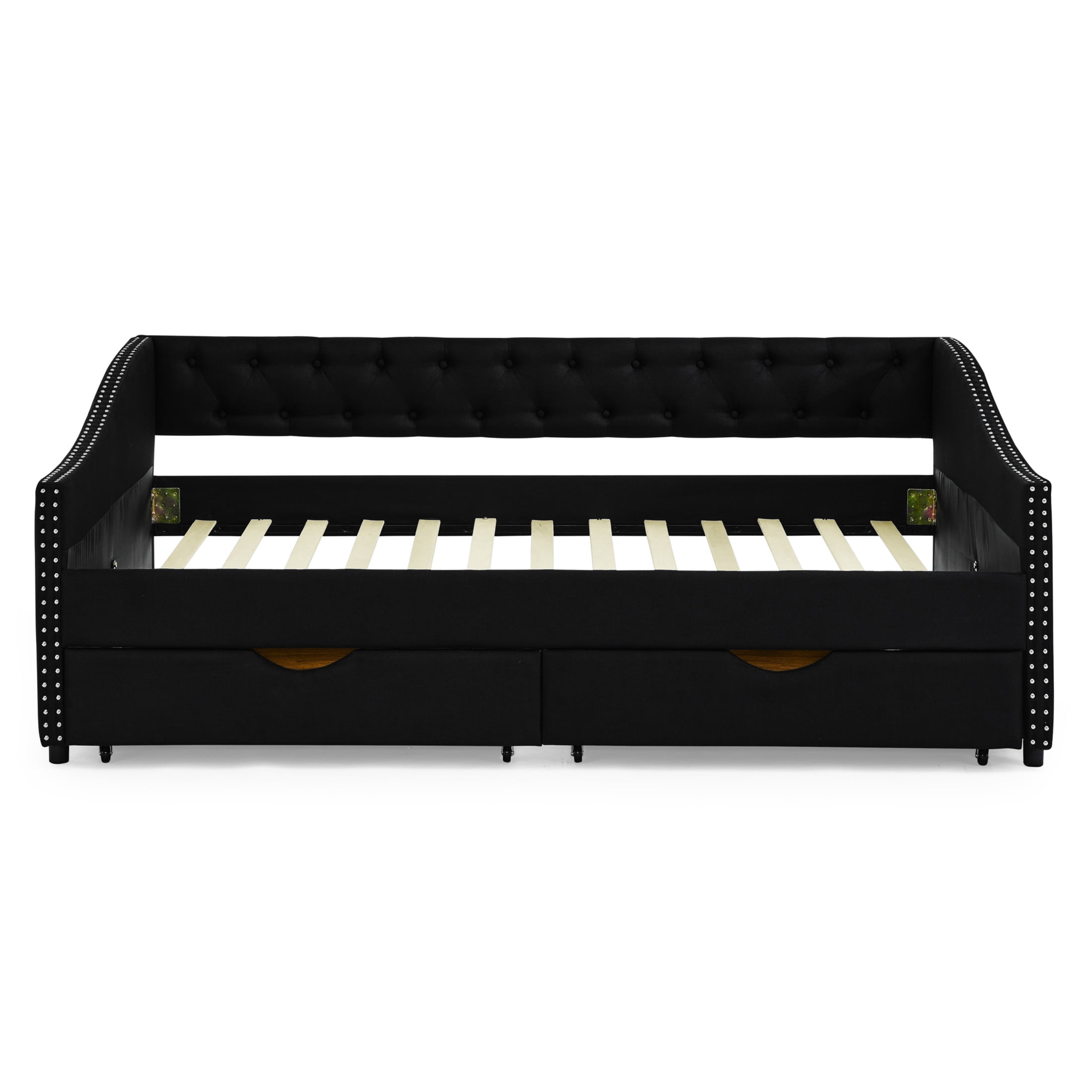 Noble House Brixo Full Size Daybed with Drawers, Linen Upholstered Tufted Sofa Bed with Nailhead Waved Arms, Black