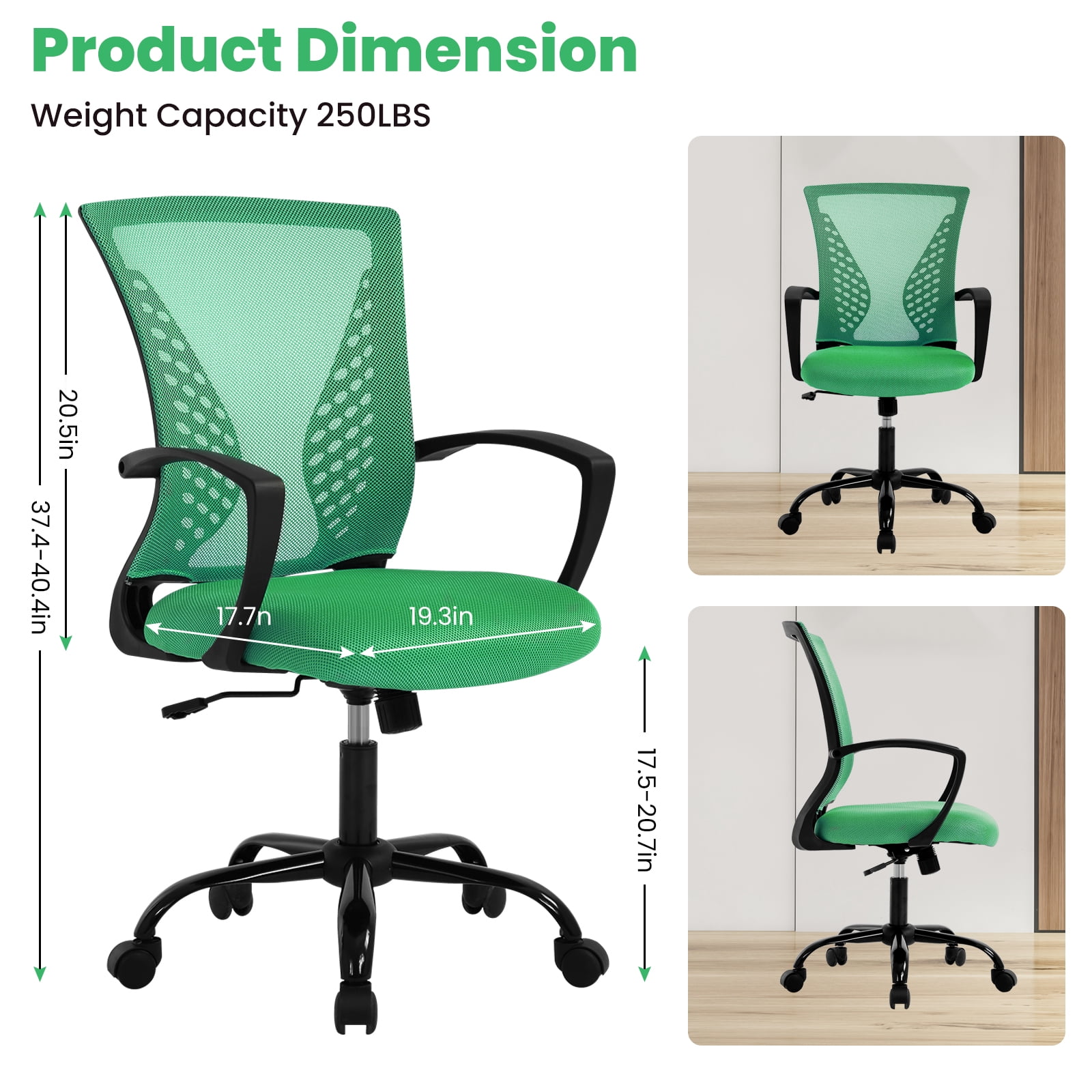 Dkelincs Office Desk Chair Adjustable Mesh Mid Back Office Chair Ergonomic Computer Chair with Lumbar Support & Wheels, Green