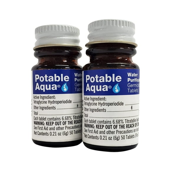 Tabletas de purificación de agua Potable Aqua, 2 botellas de 50 unidades
