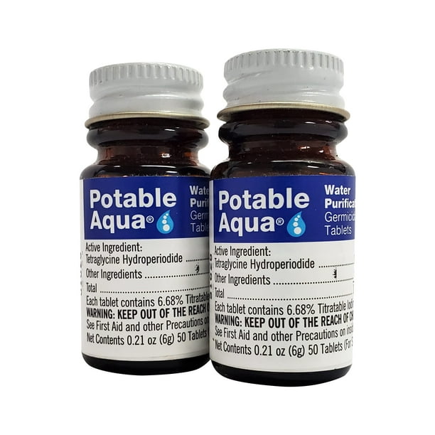 Tabletas de purificación de agua Potable Aqua, 2 botellas de 50 unidades