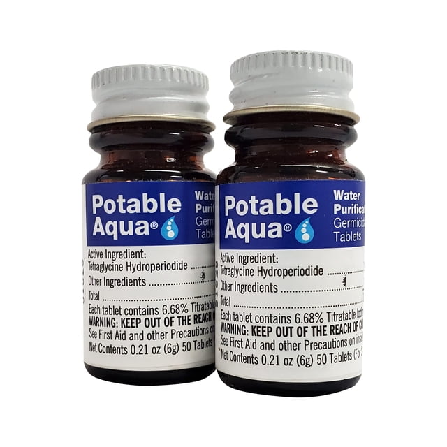 Tabletas de purificación de agua Potable Aqua, 2 botellas de 50 unidades
