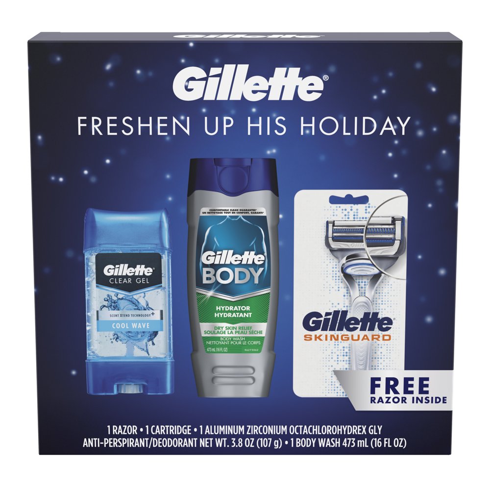 Gillette Gift Pack, Gillette Clear Gel Antiperspirant Deodorant, Hydrator Body Wash & Skinguard
