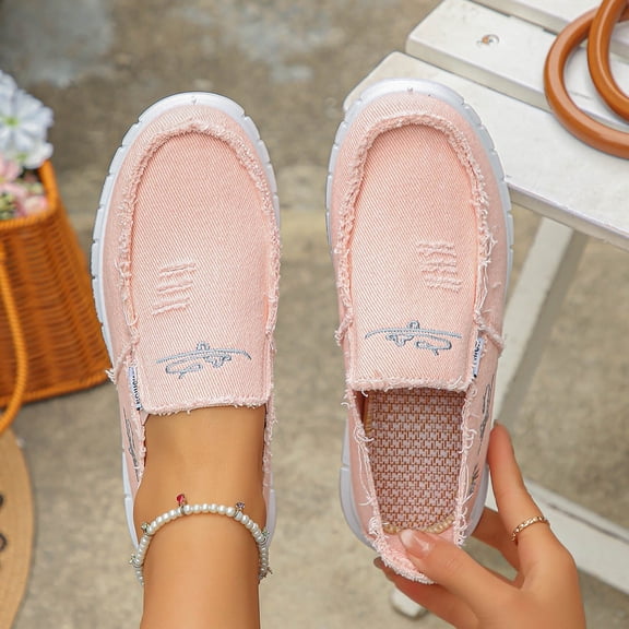 Women's Canvas Slip-On Loafers with Frayed Edges, Lightweight Comfortable Casual Shoes, Footwear for Everyday Walking and Outdoor Activities Pink 42
