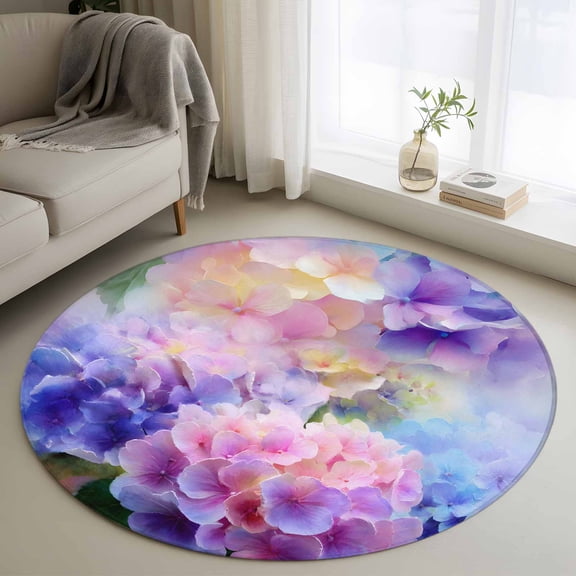 Round Rugs 3.3Ft, Pink Purple Floral Round Area Rug Washable Indoor Throw Carpet, Spring Hydrangea Flower Fantasy Botanical Soft Non Slip Circle Rug for Laundry Room Patio Home Decor Aesthetic