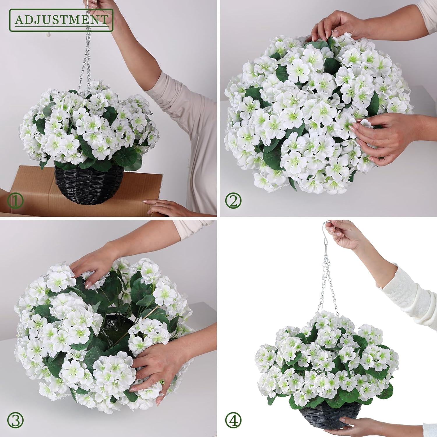 2 Set Artificial Geraniums Flowers with Hanging Baskets for Outdoors - Sun Resistant Silk with Geranium Flowers, Fake Hanging Planters for Front Porch Garden Patio Home Decor (White)