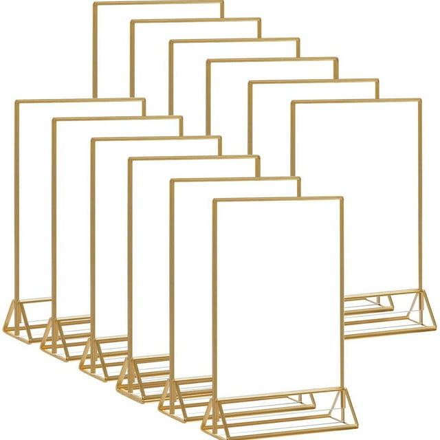 Amdohai 12 Pack Gold Sign Holders 4x6'' Acrylic Double Sided Table Menu Display Stand, Wedding Table Numbers Holder