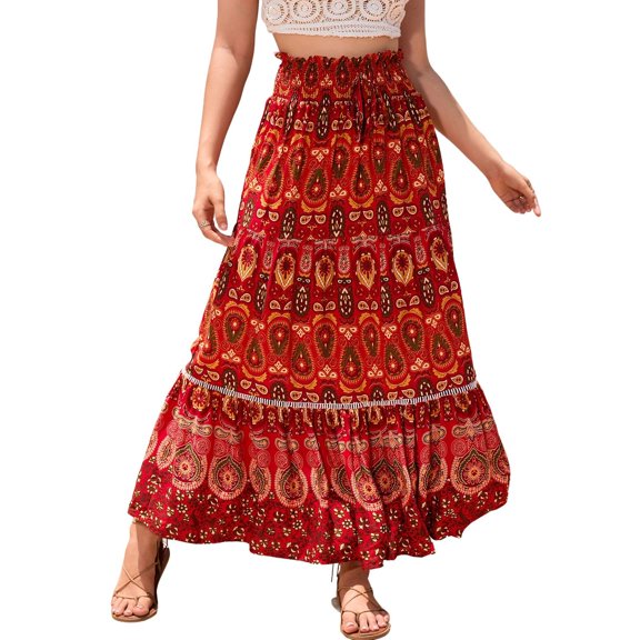 SWSMCLT Women's Long Skirt Pleated Ruffle Gypsy Spring Stretch Pull On Flowy Elastic Fashion High Waisted Beach Red Medium