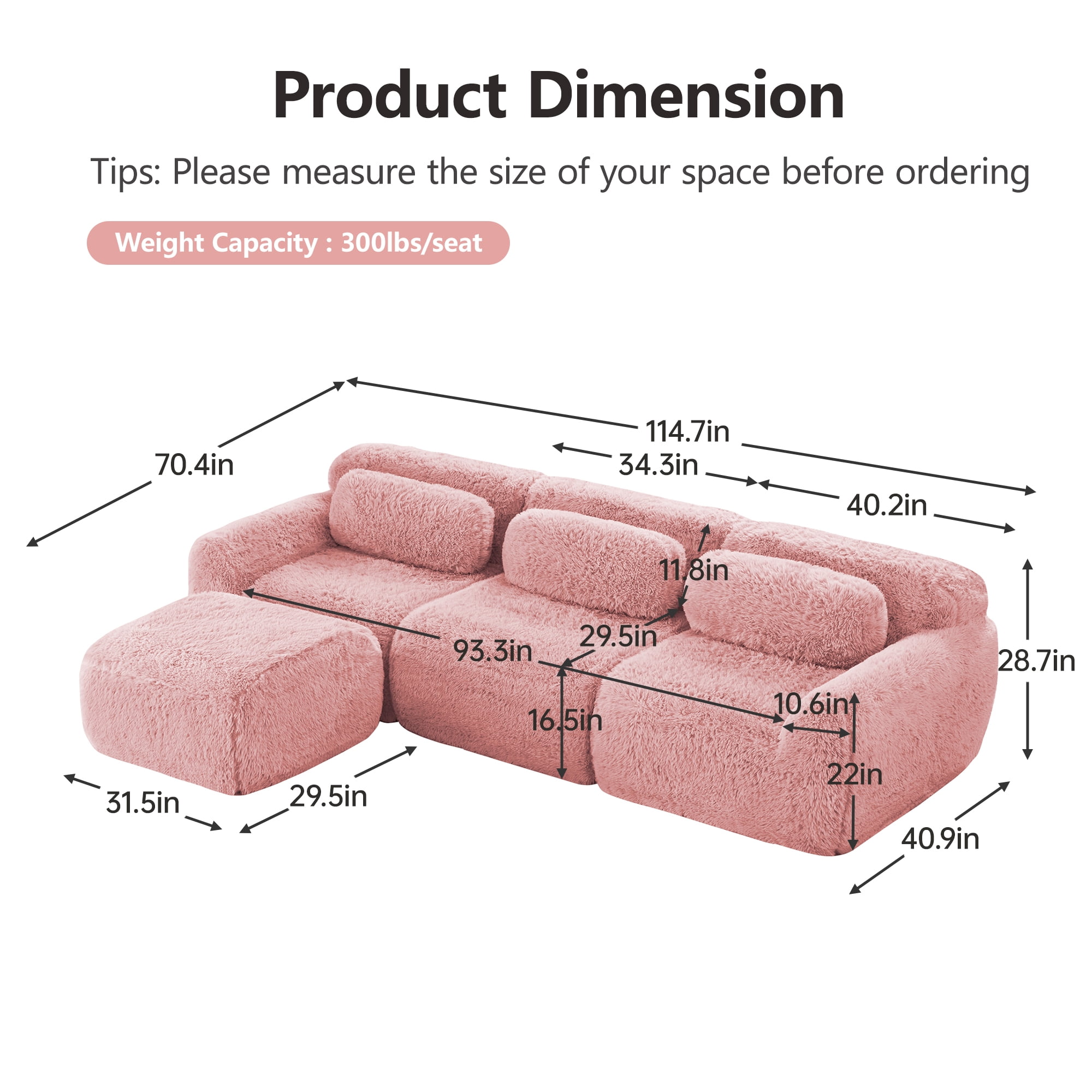 Wakefit 114" Modular Sectional Sofa, Boneless Couche 3 Seater Deep Seat Compressed Sofa, No Assembly Required, Soft Fluffy Plush Fabric, Cloud Comfy Sofa Set, Pink