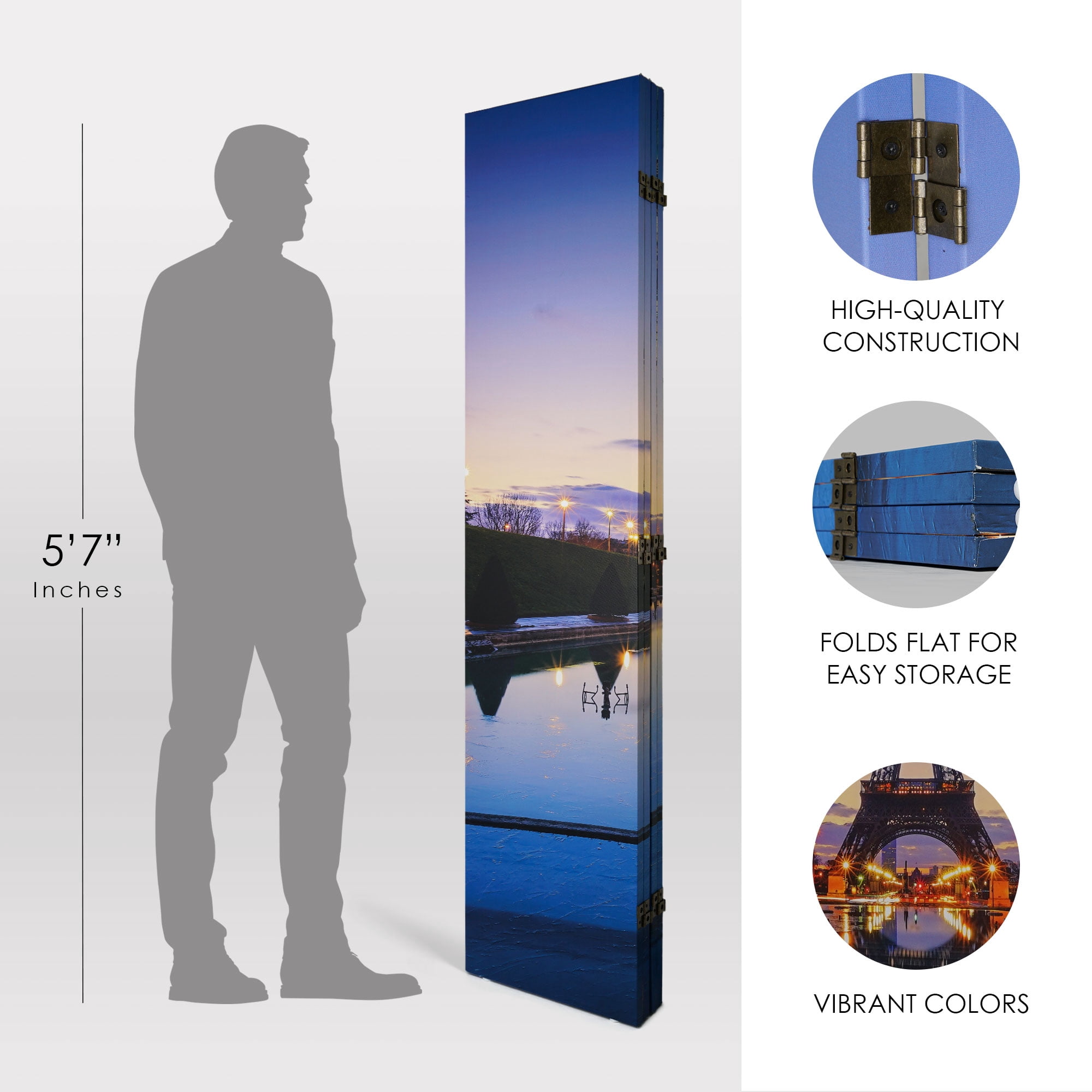 American Art Decor Double-Sided Paris Eiffel Tower, Arc de Triomphe Canvas Portable Dressing Room Divider Screen, 4 Panels, 70" H x 63" L x 1" D