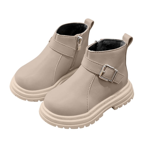 Gpaecead Girls Metal Buckle Ankle Boots Faux Leather Non Slip Warm Thick Sole Casual Winter Shoes For School Beige