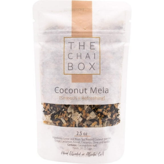 The Chai Box - Coconut Mela - Black Loose Leaf Tea w/Coconut, Cardamom, Fennel, Cloves, Ginger, Cinnamon & Vanilla. Made in Small Batches using Single-Origin Premium spices - 2.5oz
