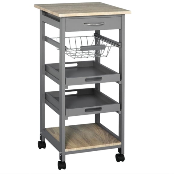 HOMCOM Mobile Kitchen Cart, Rolling Kitchen Island with Storage, Solid Wood Frame Utility Cart with Wire Fruit Baskets, Trays and Drawer, Gray