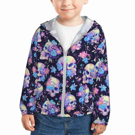 

Sun Hoodie for Kids cool flower Skull Long Sleeve Swim Fishing Shirts Sun Protection Zip Up Jacket Clothing Athletic Hoodie