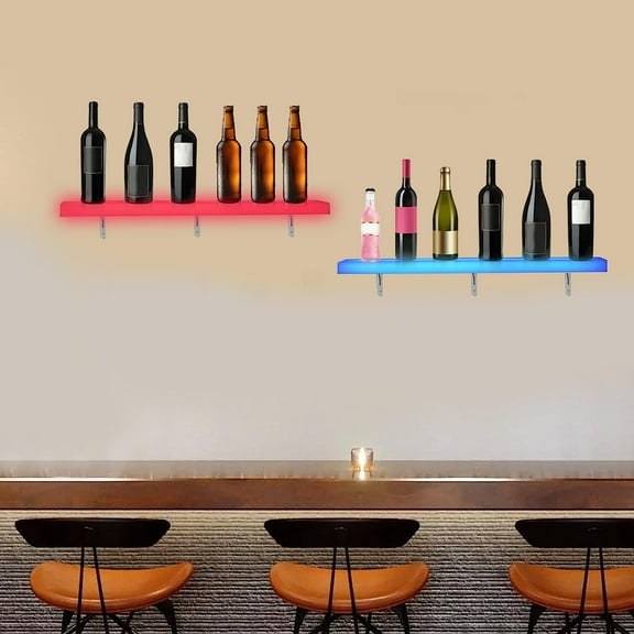 2PCS LED Liquor Bottle Display Shelves, 32 inch Acrylic Lighted Bar Shelf with RF Controller Controller for Home Commercial Bar Floating Wall Mounted Display Shelves 2 Pieces