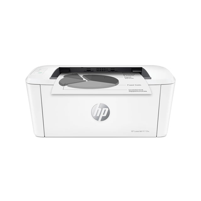 impresora inalámbrica hp laserjet m110w imprime 21 ppm en blanco y negro vista frontal centrada de la impresora láser blanca HP con hoja en la salida que muestra un gráfico en gris; carcasa compacta con logo HP en la tapa frontal, bandeja superior y panel de control con luz de estado, diseñada para impresión inalámbrica y móvil, adecuada para equipos pequeños y documentos en blanco y negro; también suele usarse para imprimir borradores rápidos en oficinas domésticas.