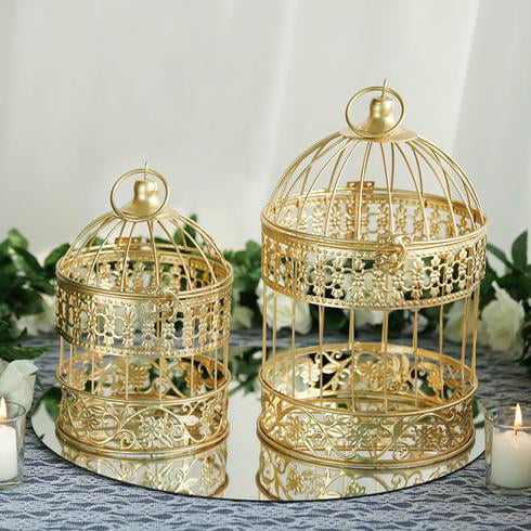 Set of 2 Piece Gold Metal Bird Cage Centerpiece 
