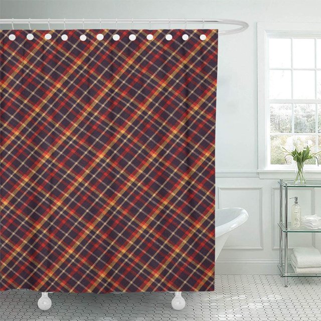 ABPHQTO Cortina de ducha de baño de cuadros de cuadros de cuadros diagonales de cuadros diagonales de color rojo amarillo negro antiguo 165x180 cm