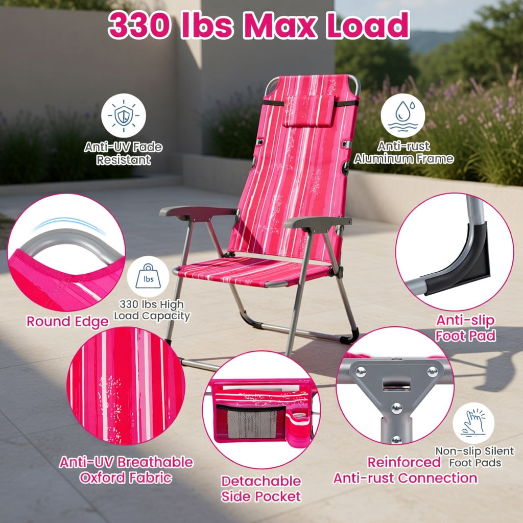 Hommoo Portable Folding Tanning Chair with Face Hole & Adjustable Backrest, Lightweight Sunbathing Lounger for Beach, Pool, Lawn, Pink Stripe