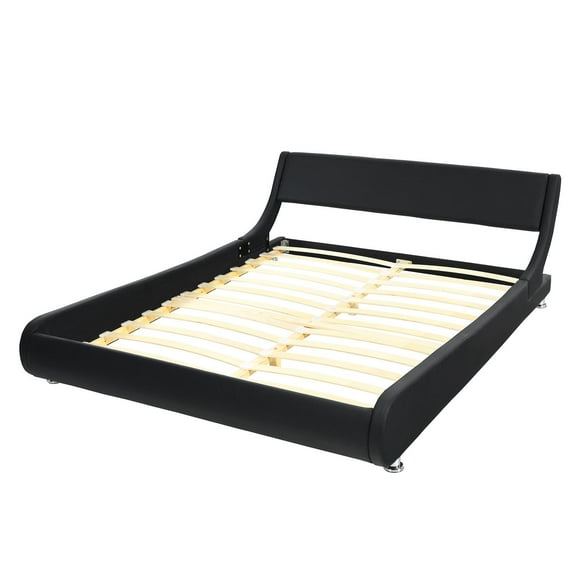 Giantex Full Size Bed Frame w/Adjustable Headboard, Faux Leather Low Profile Platform Bed Frame w/Wave-Like Design, No Box Spring Needed, Easy Assembly