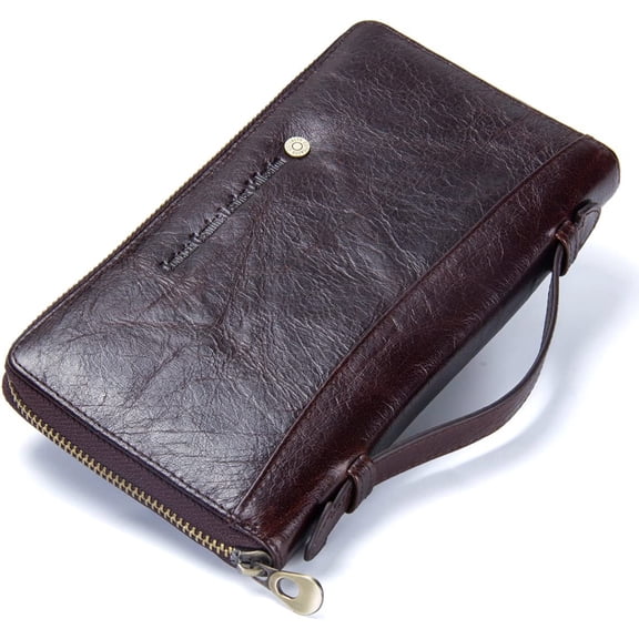 CONTACTS Leather Wristlets Clutch Bag Men Wallet Purse Zipper Large Capacity Business Card Organizer with Leather Strap Wristlet Purse for Men