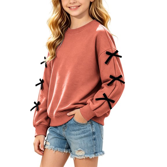 fnnxnal Girls Crewneck Pullover Sweatshirt with Bow Detail - Oversized, Orange,Size 4-5T