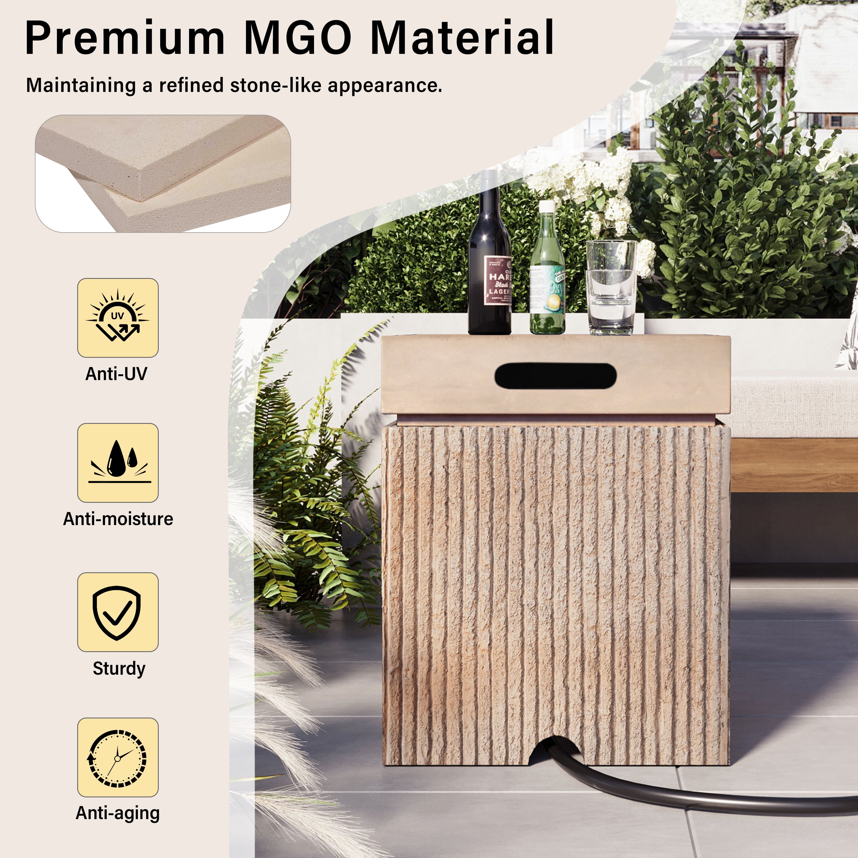 Mintazer 15.75" Outdoor Propane Tank Cover Table with Side Handles & Protective Cover, Side Table with Vertical Fluted Texture for Fire Pit Patio Backyard, No Assembly Needed, Reddish Brown