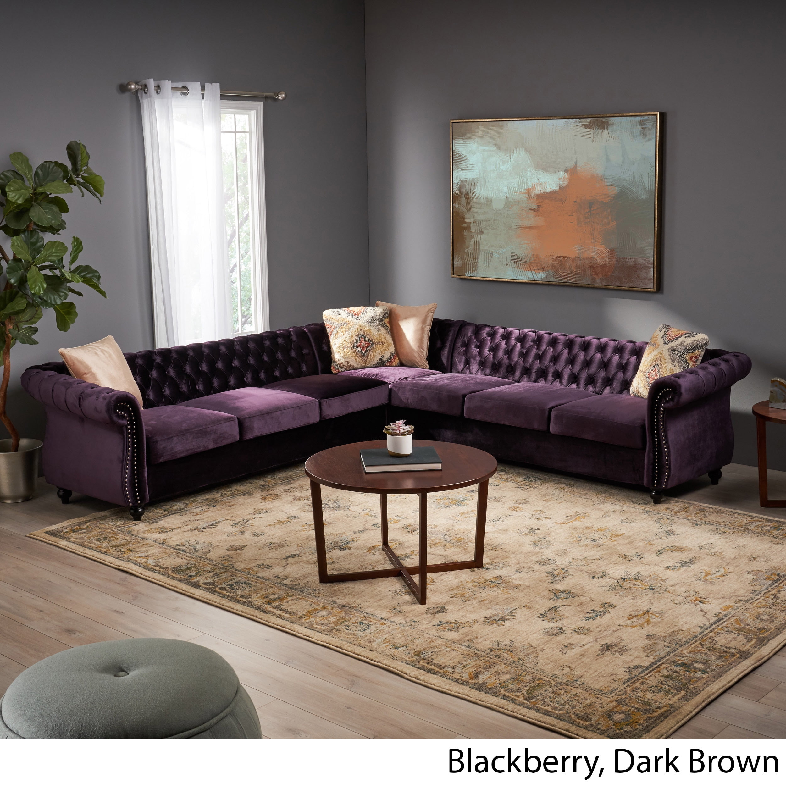 Noble House Jaymere 7 Seater Velvet Tufted Chesterfield Sectional, Blackberry