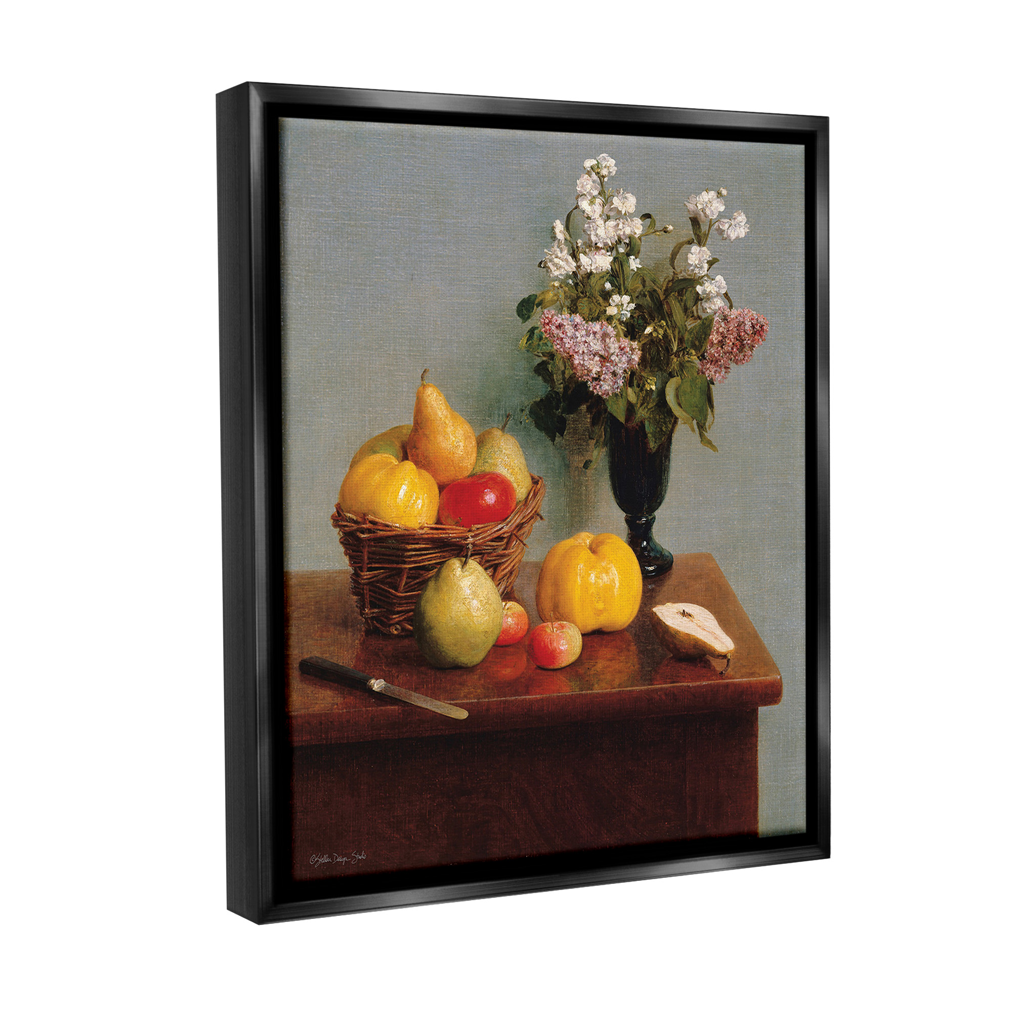 Stupell Industries Fruit & Flowers Still Life Food & Beverage Painting Black Floater Framed Canvas Art Print Wall Art, 17 x 21