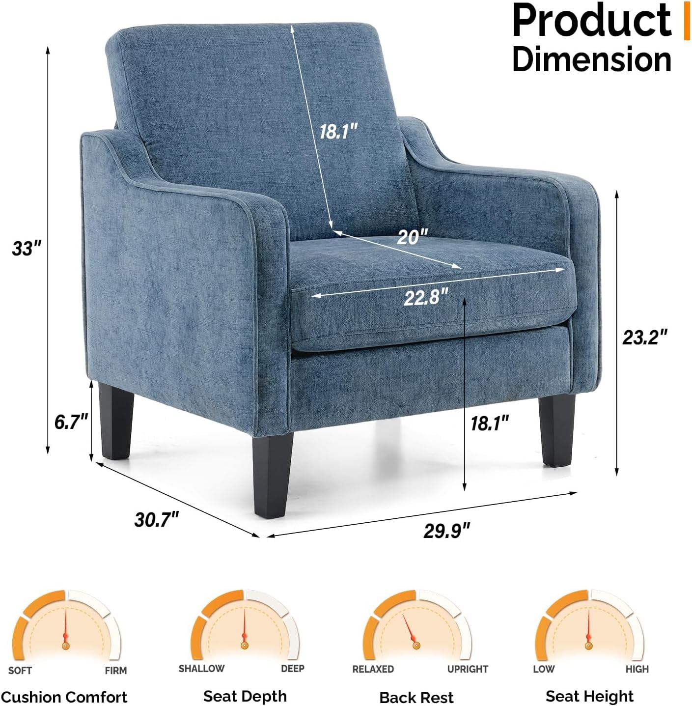 Matladin Chenille Fabric Accent Chair with Scooped Arms, Mid Century Modern Upholstered Armchair, Single Sofa for Living Room, Apartment, Office