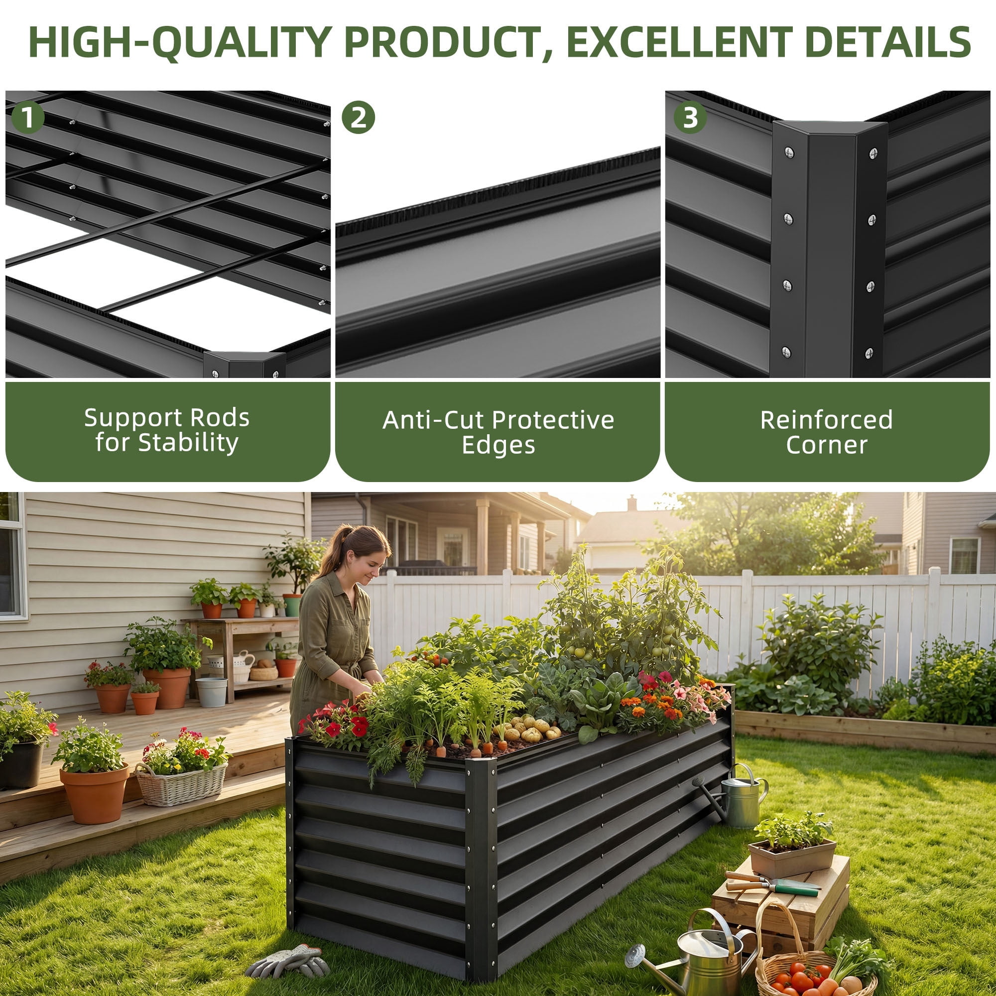 Uforic Galvanized Raised Garden Bed Kit, Metal Planter Box with Gloves, Metal Raised Garden Beds for Vegetables,Black,8x4x3ft