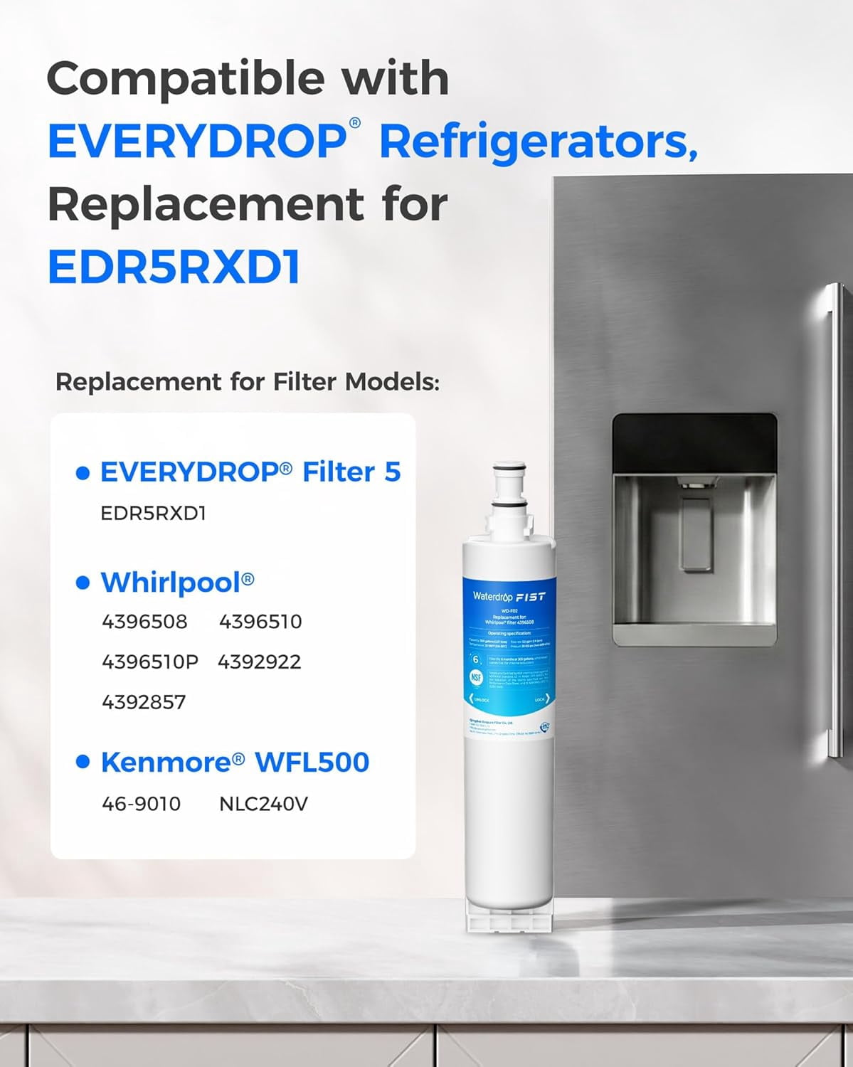 Waterdrop 4396508 water filter Replacement for EveryDrop Filter 5, EDR5RXD1, Whirlpool 4392857, NL300, 4396510, 4396509, 4396547, LC400V, 4396510p, WF-NLC240V, PNL240V, 2Pack