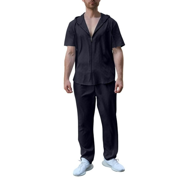 Xzbqbs Sweatsuits for Men 2 Piece Jacquard Set Zip Up Short Sleeve Athletic Hoodie and Jogger Pant Casual Fashion Summer Tracksuits