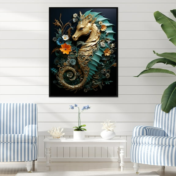 Designart "Seahorse Sanctuary Gleaming in Gold and Blue" Animals Framed Wall Art - Coastal Gold Coastal Animal Entryway Framed Wall Art Print