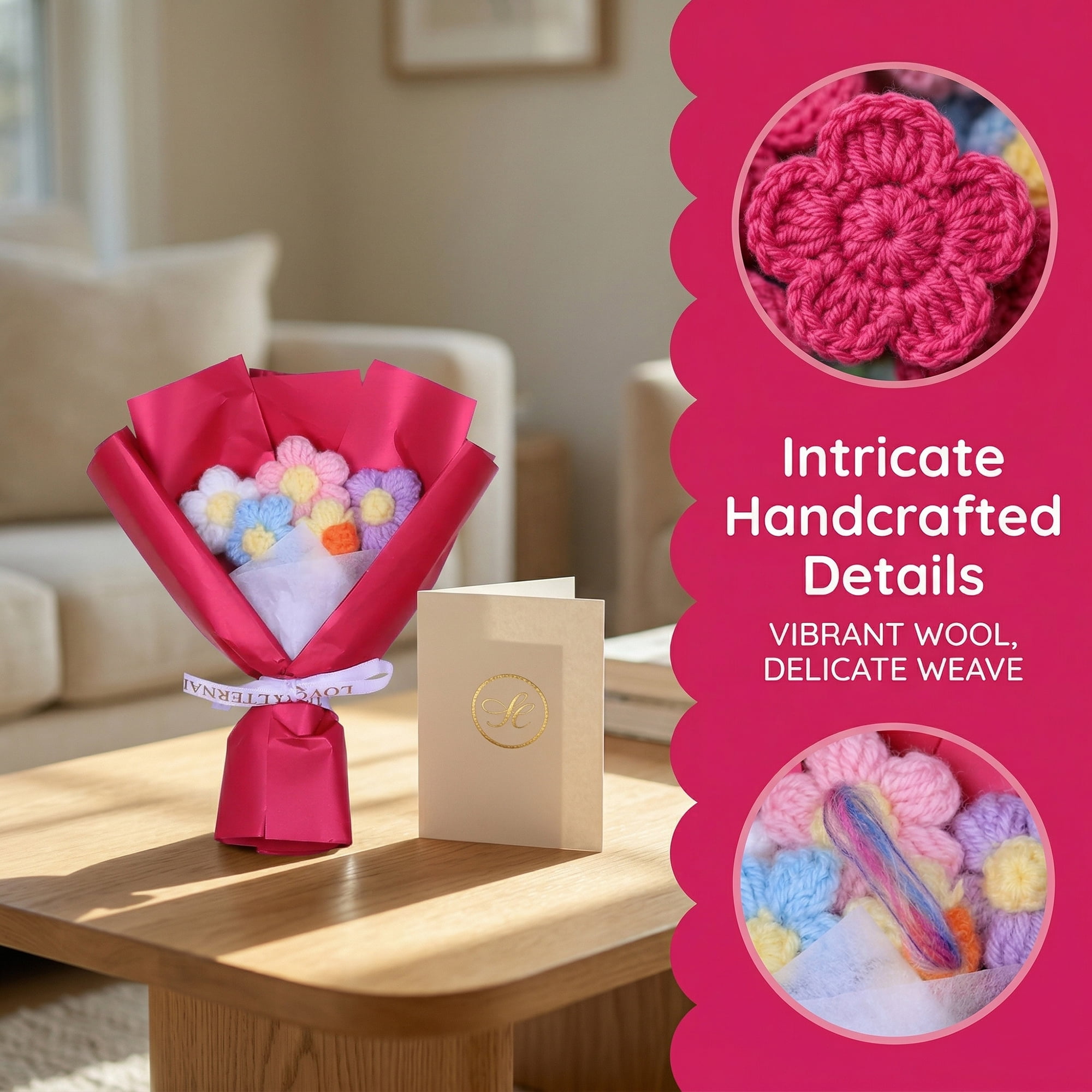 Unique Bargains Handmade Crochet Eternal Knitted Flowers Bouquet with Wrap Red 7.1 in
