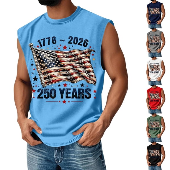 Youpwaven Men's USA 250th Anniversary Tank Top, Waving American Flag & Stars Graphic Muscle Shirt, Independence Day 1776-2026 Patriotic Sleeveless Tee S-3XL