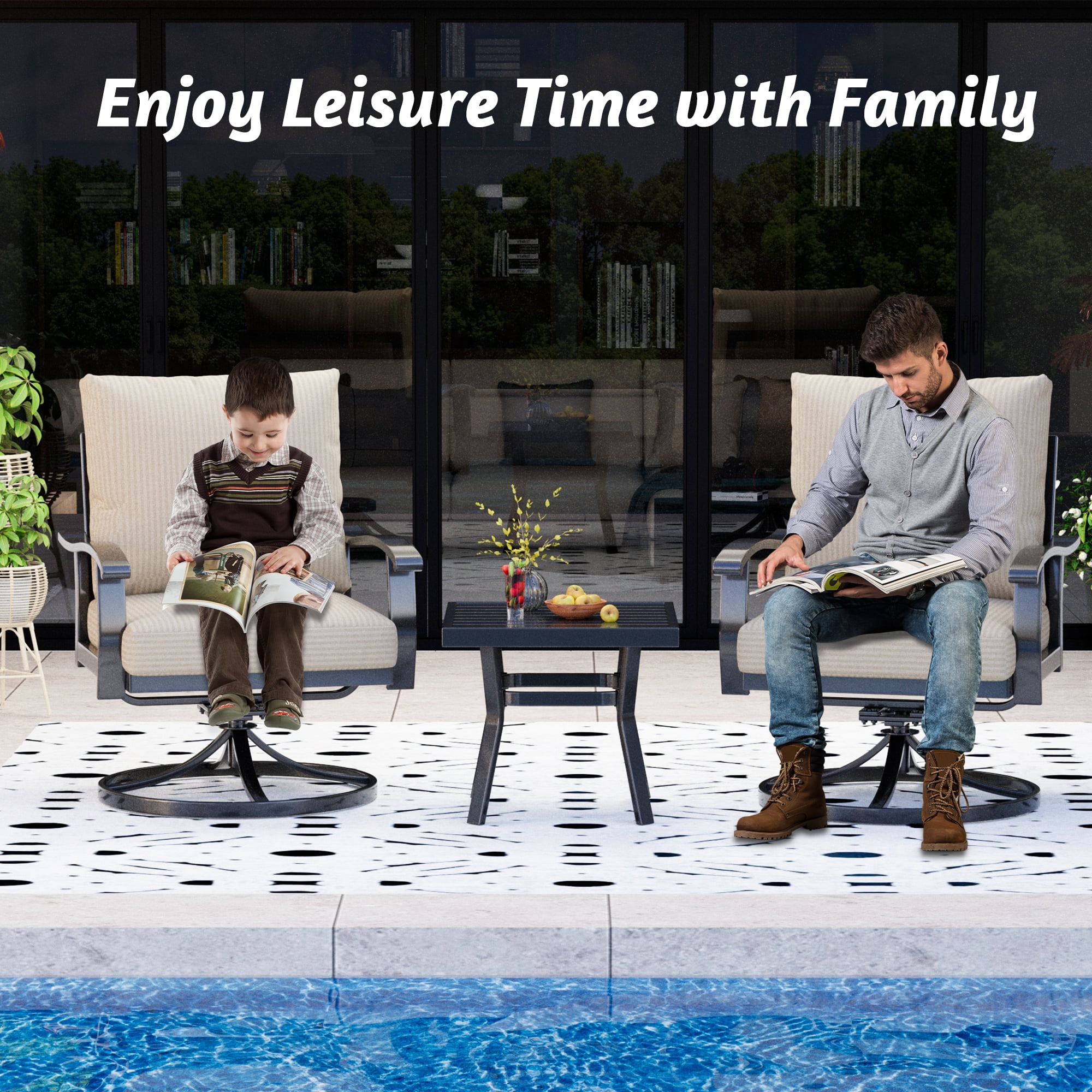 HOMREST Outdoor Swivel Rocker Patio Chairs with Coffee Table 3 PCS Bistro Set, 360 Degree Swivel Rocking Chair Patio Conversation Set with Thickened Cushions for Garden, Deck and Poolside