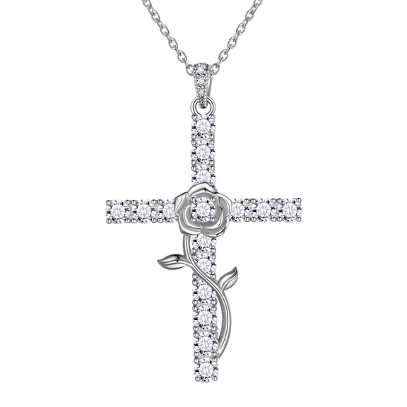 Jewmon 925 Sterling Silver Rose Cross Necklace for Women 5A Cubic Zirconia Flower Rose Necklace Mothers Day Jewelry Gifts for Mom Wife Daughter Grandma