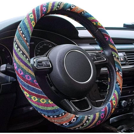 Boho Steering Wheel Cover Elastic Microfiber for Women, Universal Fit 15 inch Car SUV, Hippie Style Protector Cover, Anti-Slip, Breathable, Absorbing Sweat - 01