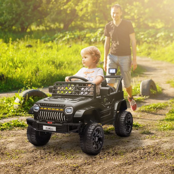 Qaba 12V Ride On Truck, Battery Powered Kids Electric Car with Spring Suspension, Remote, 3 Speeds, LED Headlights, Horn, USB Music, Black