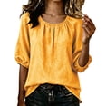 thumbnail image 2 of Qulqfy Cotton Linen Blouses for Women Crew Neck Solid Short Sleeve Casual Elastic Hem Boho Spring Yellow Tops for Women Trendy Summer XL, 2 of 6