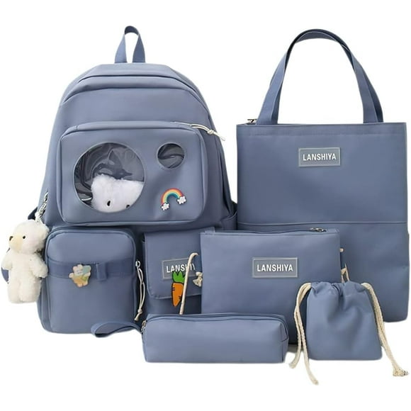 Kawaii Aesthetic Cute 5pcs School Bags Set with Accessories School Suppliers for Teens Girls Backpack Tote Bag (Blue)…