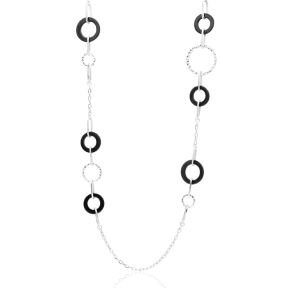 Elegant Long Black Onyx Circle Link Chain Necklace - 25" Statement Necklace Jewelry Necklace Silver