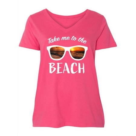 

Inktastic Take me to the Beach Sunglasses with Sunset in Lenses Women s Plus Size V-Neck