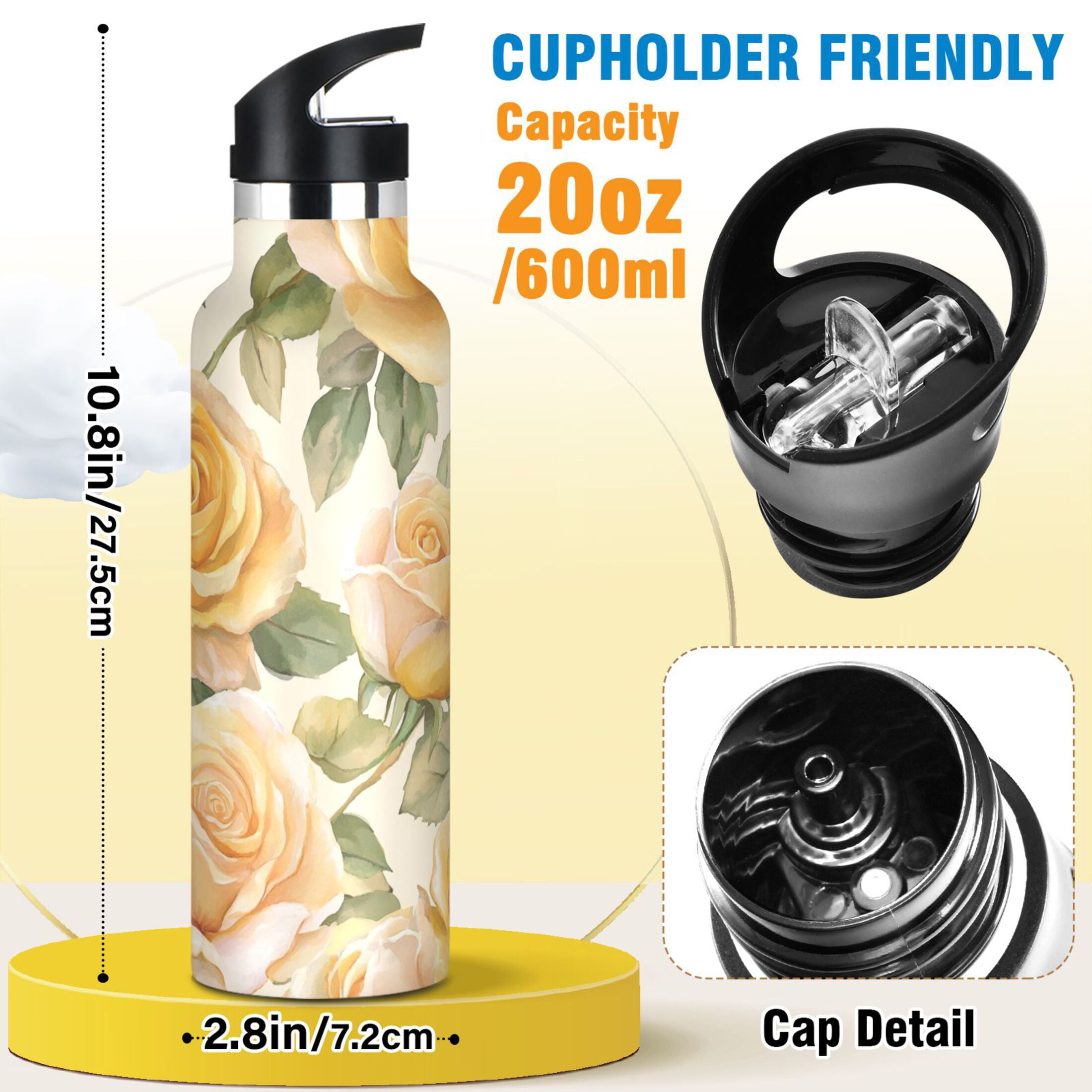 600ML Stainless Steel Insulated Cup Sports Water Bottle Portable Thermos Cup Water Glasses Insulated Tumblers Convenient and Durable Cartoon Gold Roses