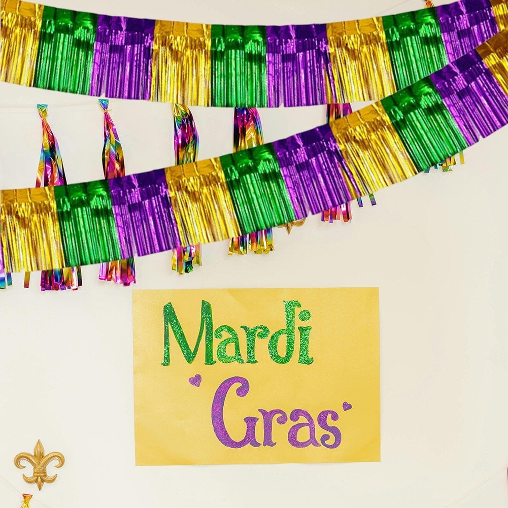 5pcs Green Gold Purple Foil Fringe Garland Metallic Tinsel Streamers Banner Fringe Backdrop Banner for Parade Floats Mardi Gras Birthday Party Homecoming Decoration