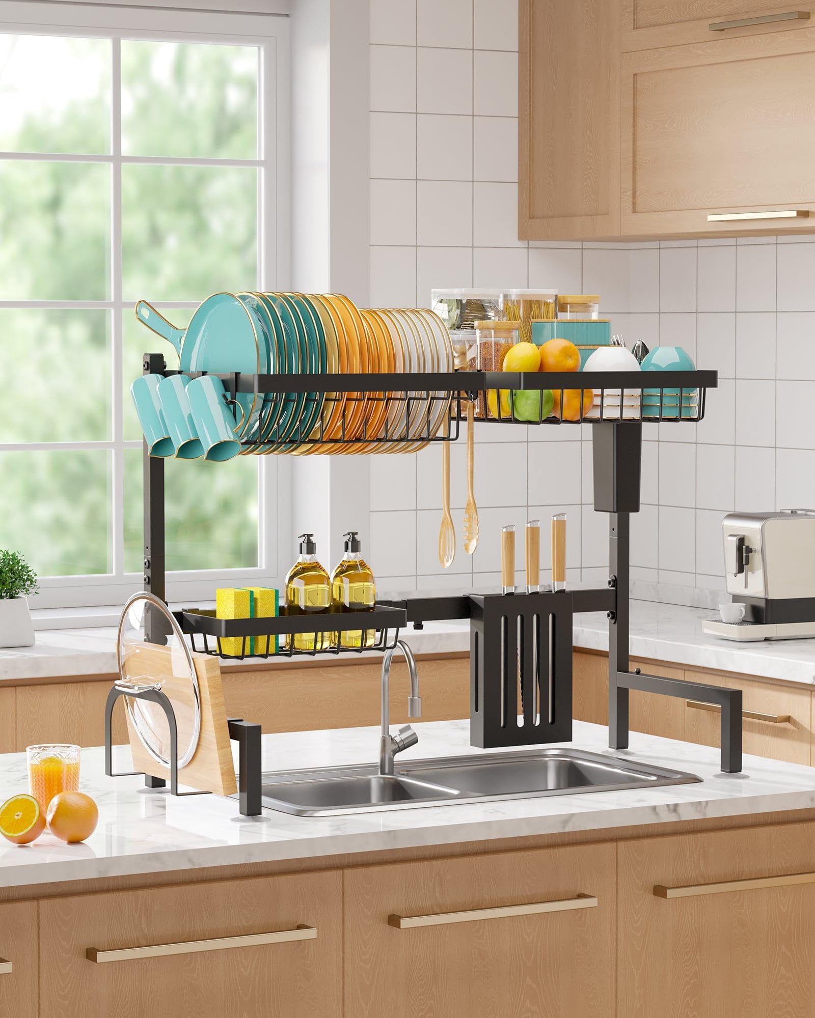 Over The Sink Dish Drying Rack - Adjustable 2 Tier Large Capacity Stainless Steel Drainer With Cutlery & Utensil Holders  Kitchen Storage Organization 30"-33.9" L X 11" W 21.5" H Black