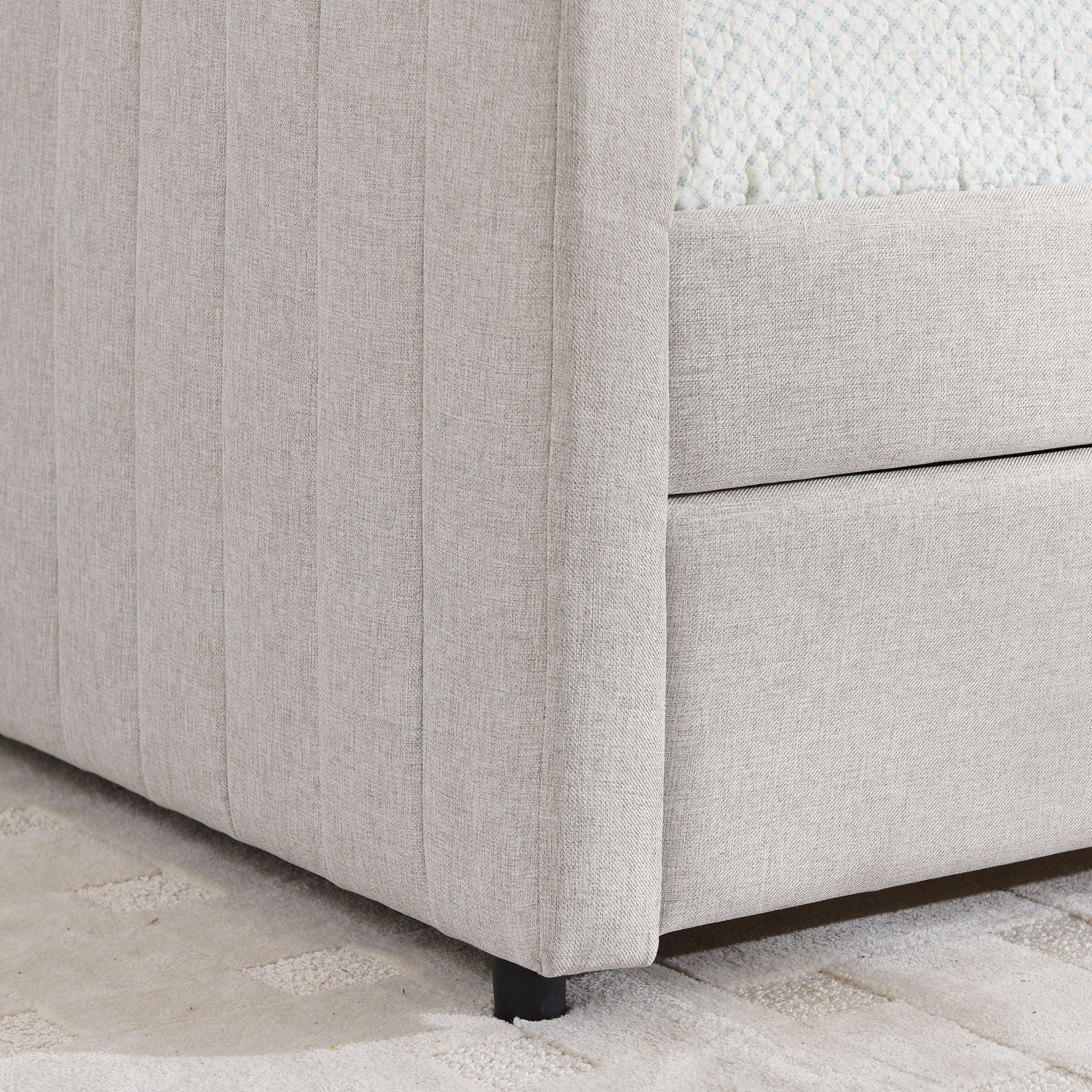 Noble House Solley Queen Size Daybed with Vertical Stripes & Pull-Out Trundle, Linen Upholstered Sofa Bed, Beige