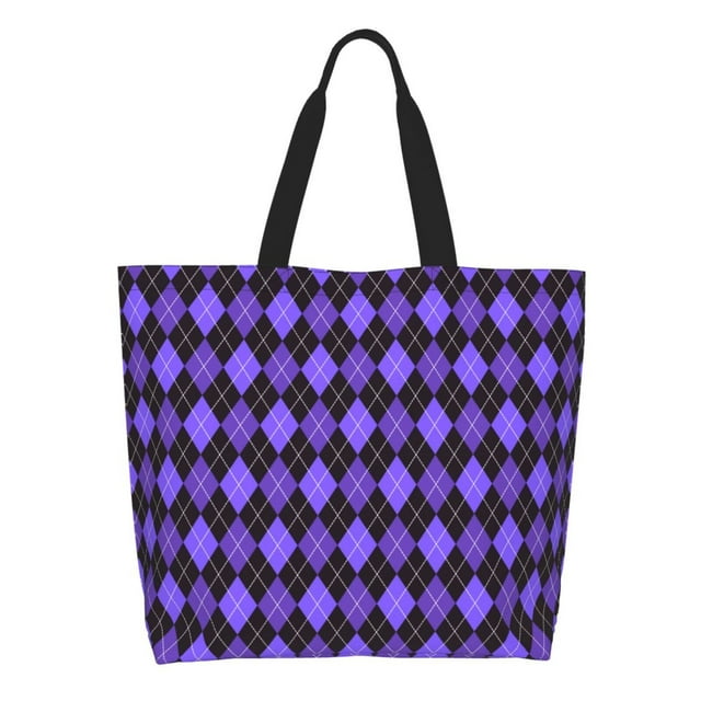 Fotbe purple argyle Bolsa Tote Estética de Lona con Estampado para Mujer - Bolsa Reutilizable de Hombro Casual para Vacaciones, Compras, Trabajo y Gimnasio